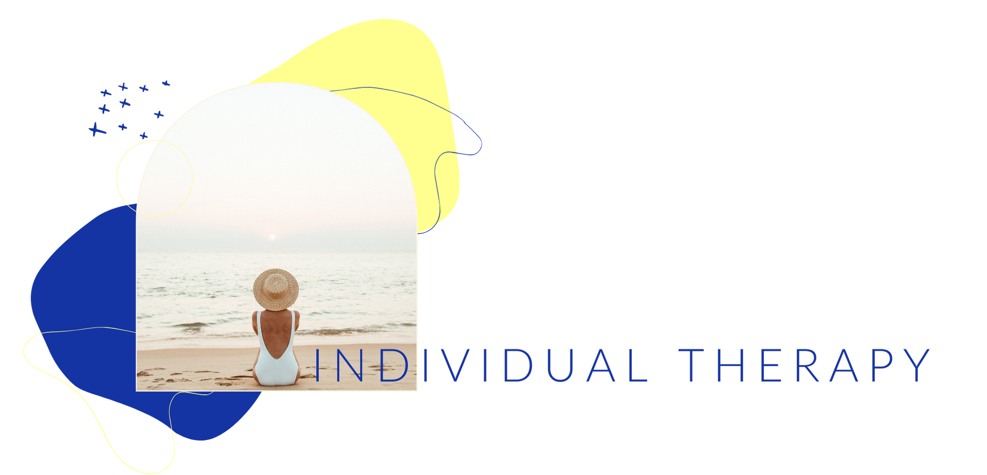 Person on beach, individual therapy text, blue and yellow abstract shapes.