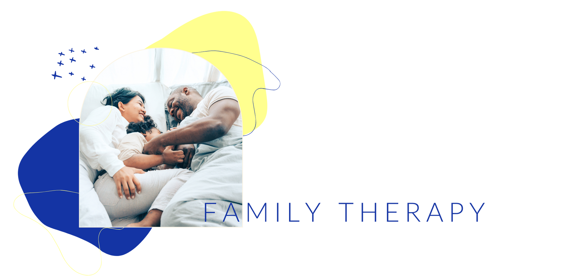 Family embracing. Blue and yellow abstract shapes. Text