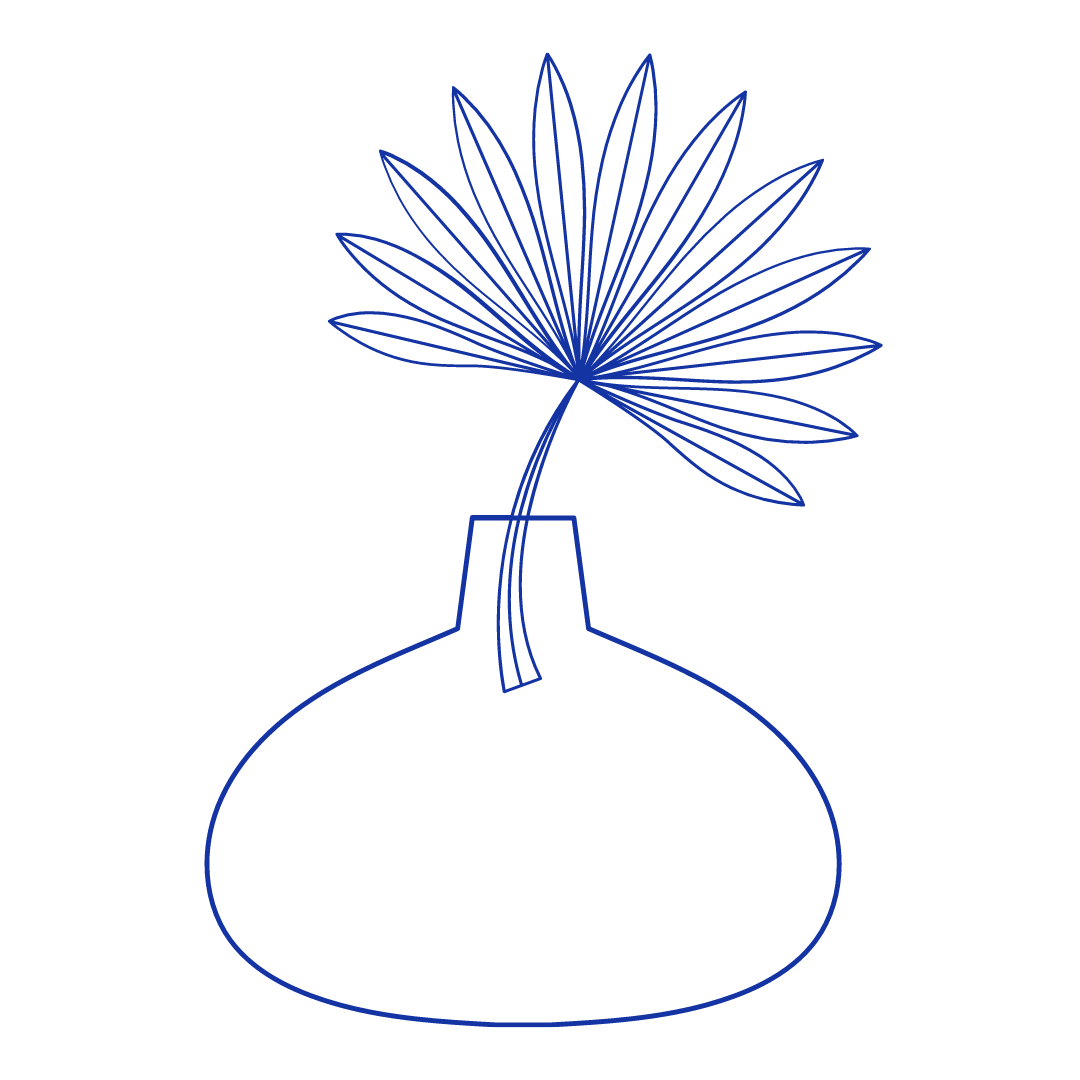 Blue line drawing of a vase holding a single palm leaf.