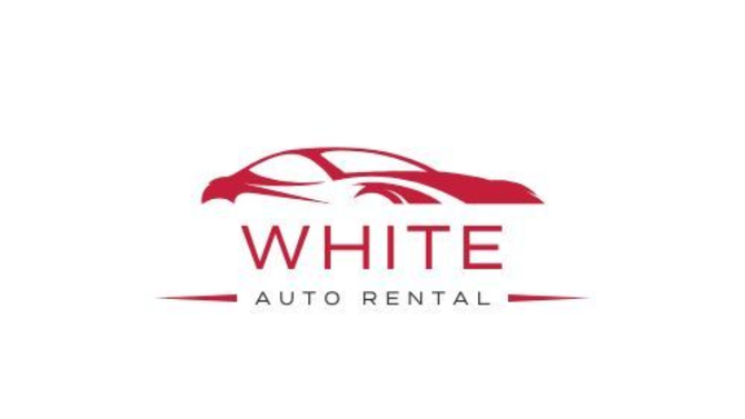 Logo for White Auto Rental, with a red car silhouette above the text 