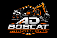 AD Bobcat Excavation Services logo with orange excavator and skid steer on black background