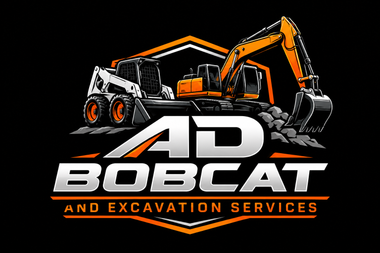 AD Bobcat Excavation Services logo with orange excavator and skid steer on black background