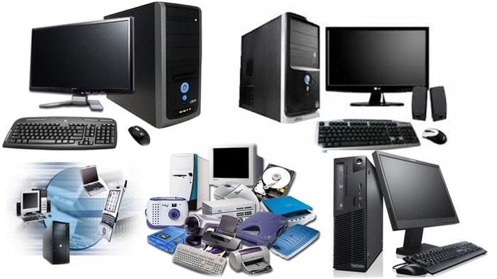 Un collage de piezas de computadora, incluidos monitores, teclados y mouse.