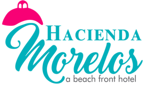Hacienda Morelos hotel logo with turquoise script and a pink dome, 