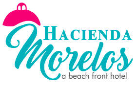Logo for Hacienda Morelos, a beach front hotel. Teal script 