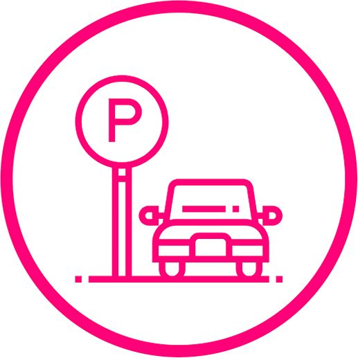 Pink parking symbol with a car.