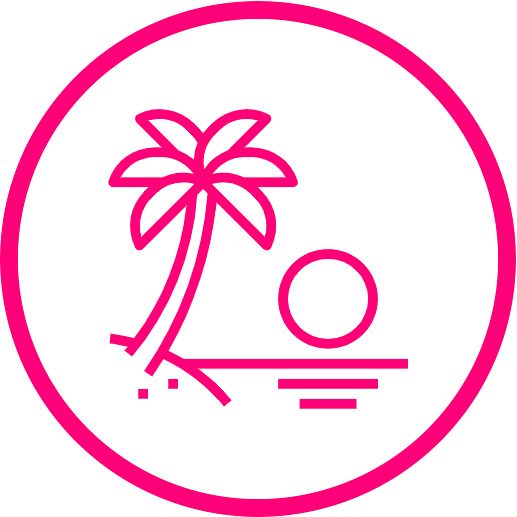 Pink beach icon with palm tree, sun, and water.