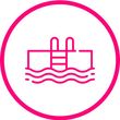Contorno rosa de una piscina con escalera, olas y un fondo de círculo rosa.