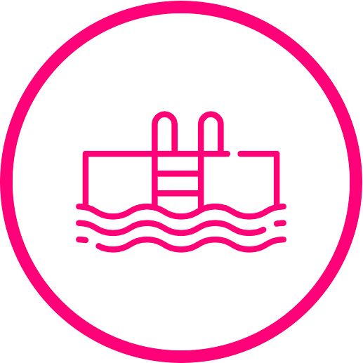 Pink outline of a swimming pool with ladder, surrounded by a pink circle.