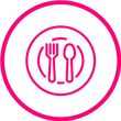 Plato rosa con tenedor y cuchara dentro de un círculo rosa.