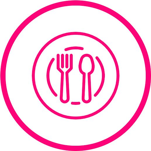 Pink circular icon: Plate with fork and spoon.