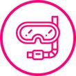 Contorno rosa de una máscara y un tubo de snorkel dentro de un círculo rosa.