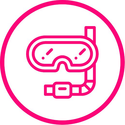 Pink scuba mask and snorkel icon in a pink circle.