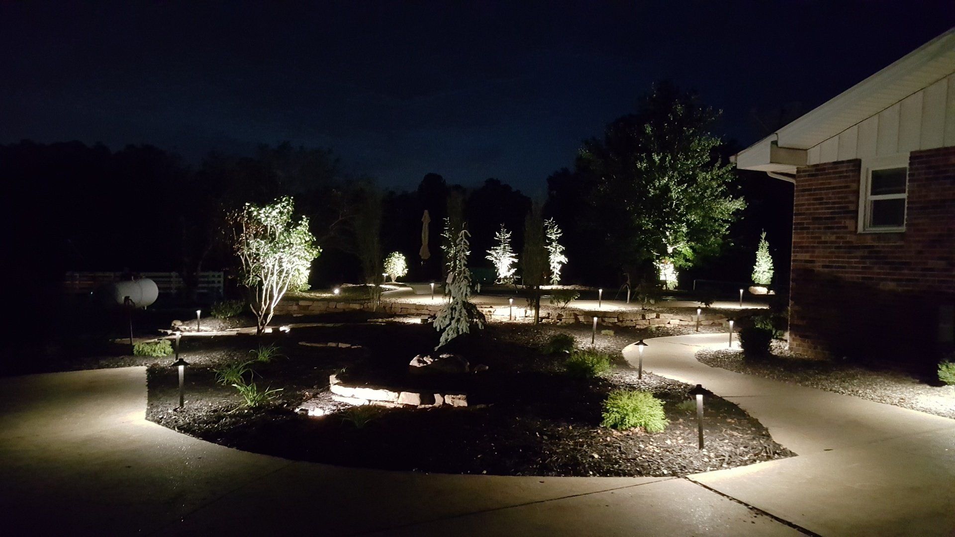 Night view of illuminated landscaping with trees and a pathway in front of a house.
