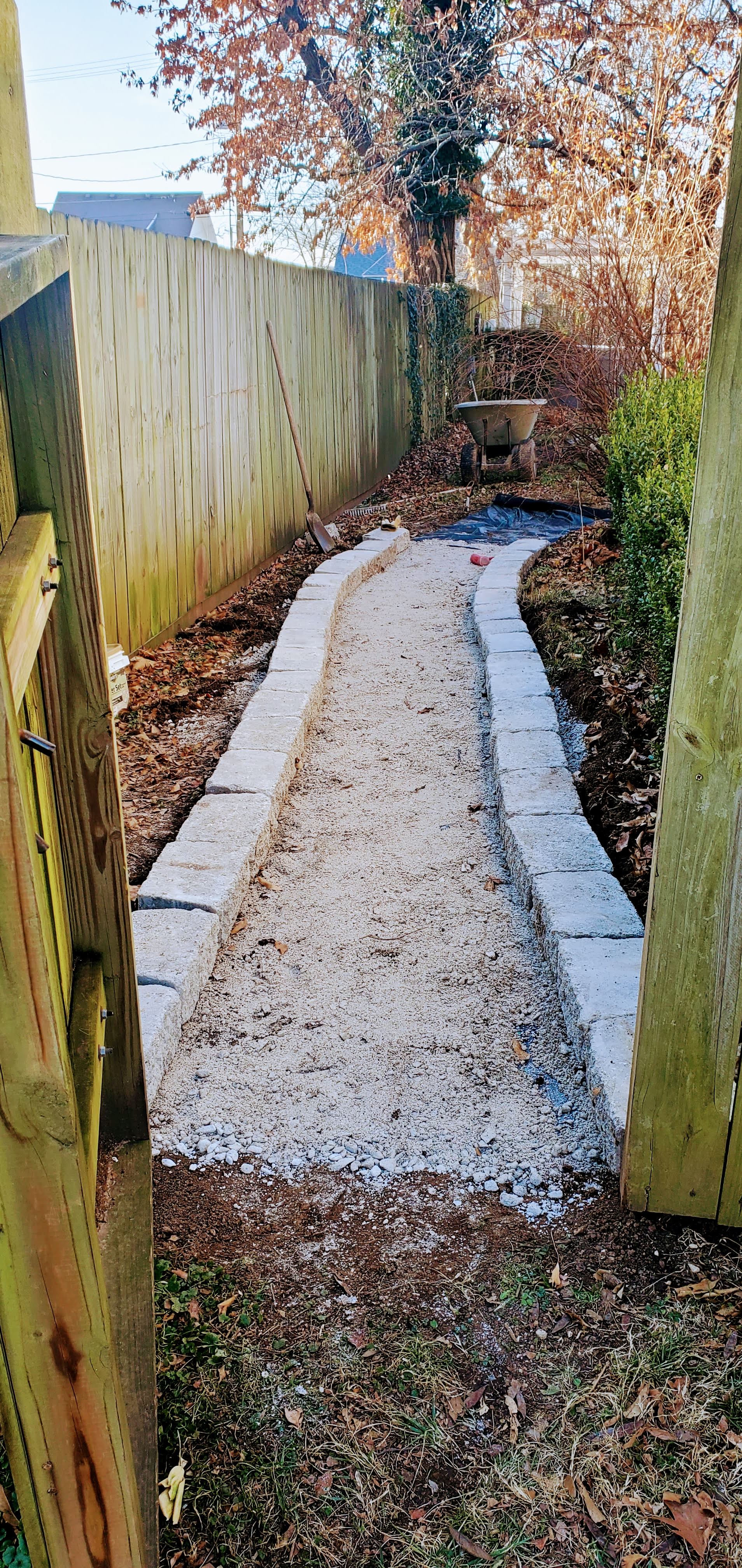 Stone path through a narrow yard, bordered by a fence and greenery, leading towards a tree.
