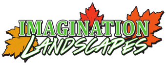 Logo with the words "IMAGINATION LANDSCAPES" in green with white trim, and autumn leaves.