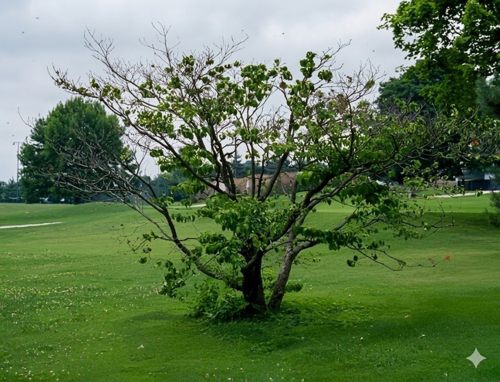 Solitary tree in a green park under an overcast sky, with open grass and distant trees.