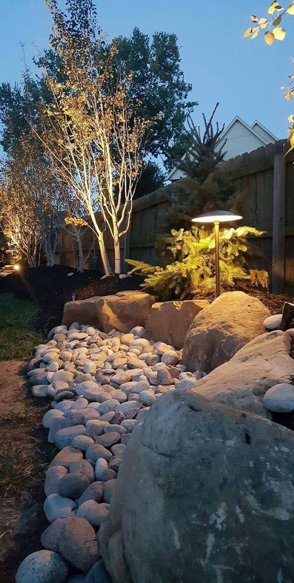 Lit backyard rock garden with trees at dusk.