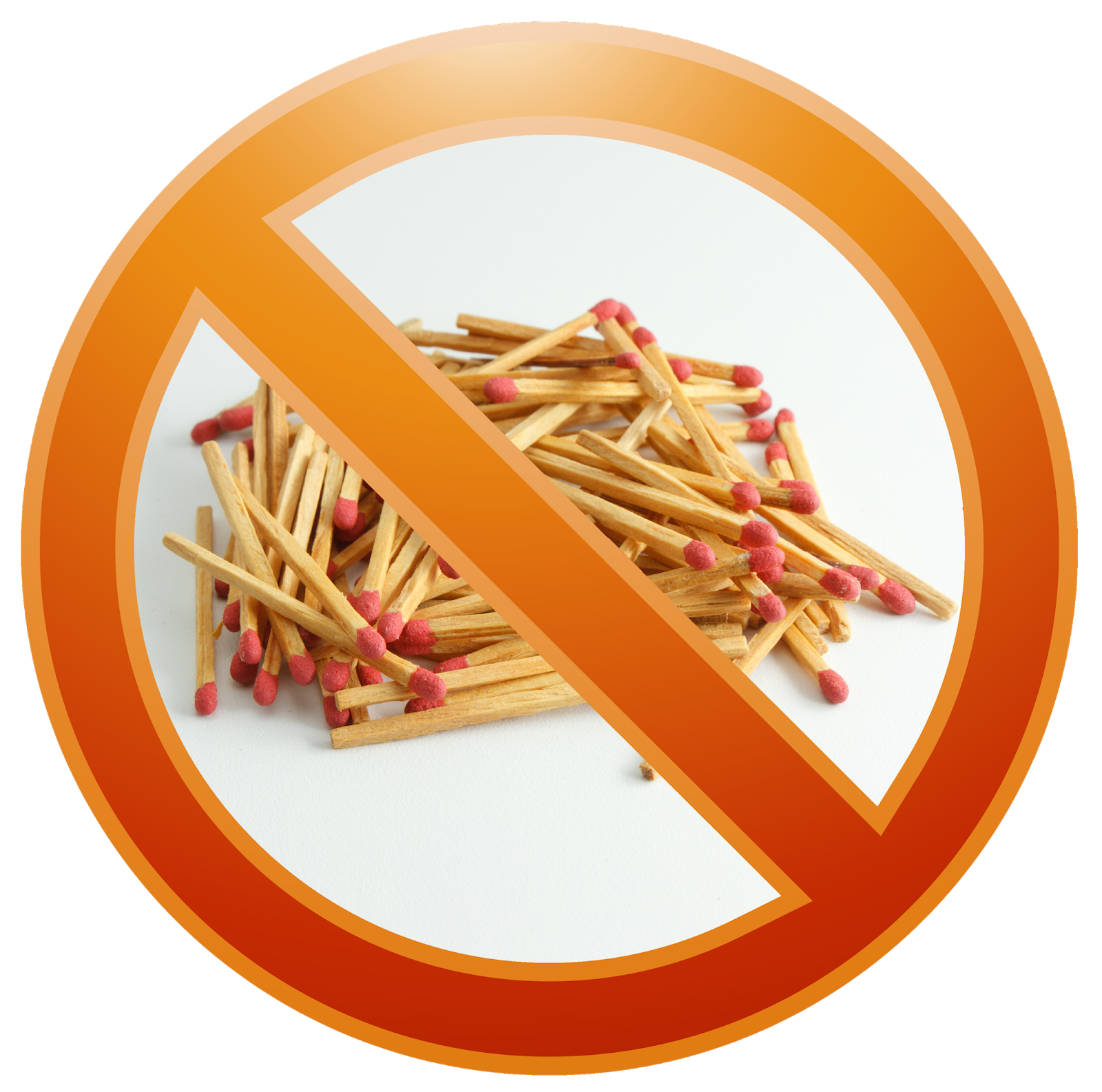 A no matches sign with a pile of matches in the background