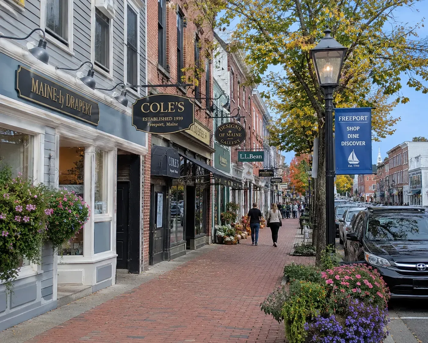 Brick sidewalk lined with boutique shops, hanging signs, flowers, and parked cars on a tree-lined street.