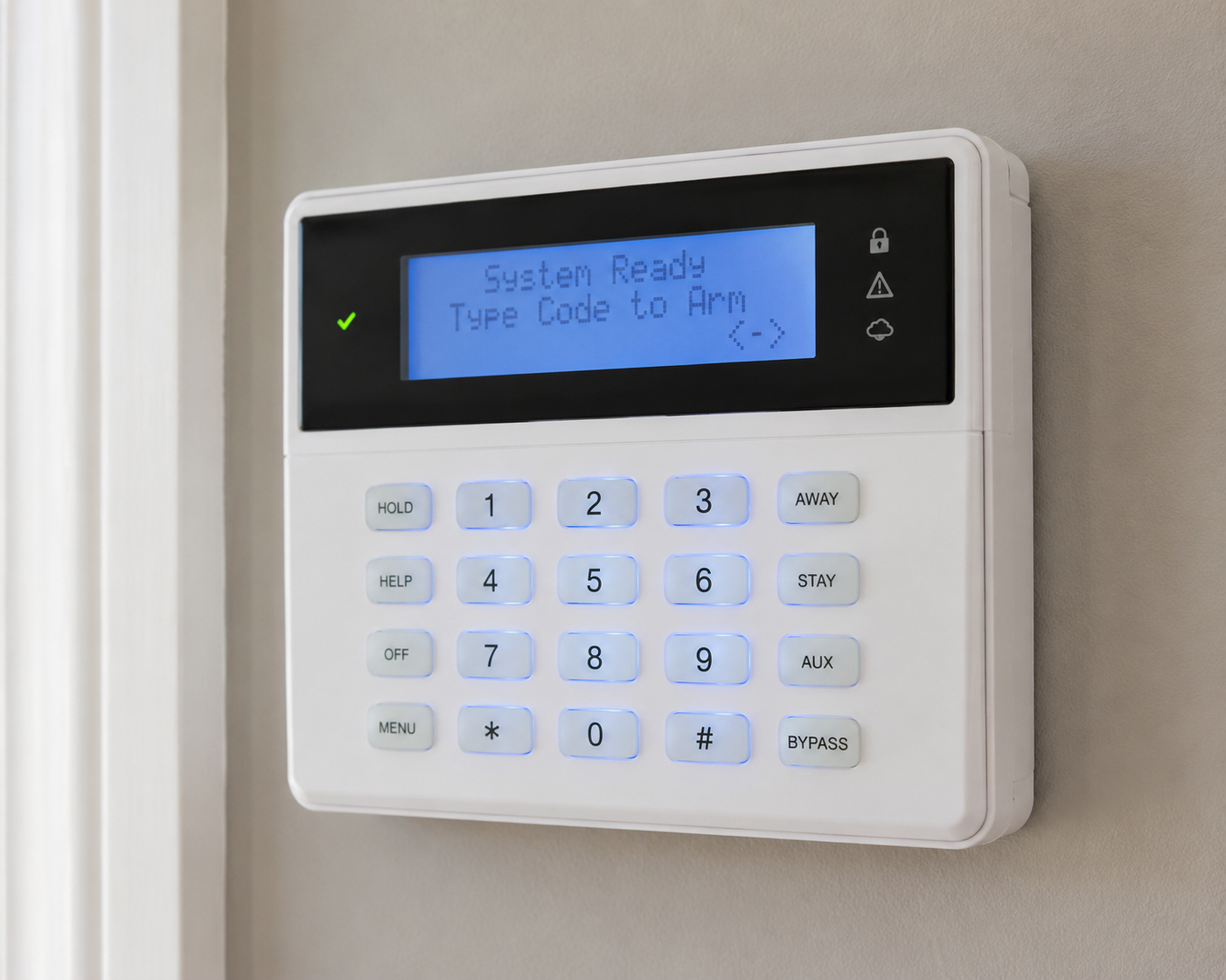 White home security keypad with blue backlit display mounted on a wall