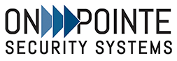 On Pointe Security Systems logo with blue arrow shapes and black text on white background