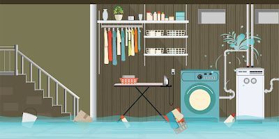 A flooded basement with a washer , dryer , and stairs.