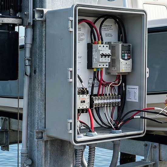 Open electrical control panel with wires, breakers, and a digital meter mounted outdoors on a metal post