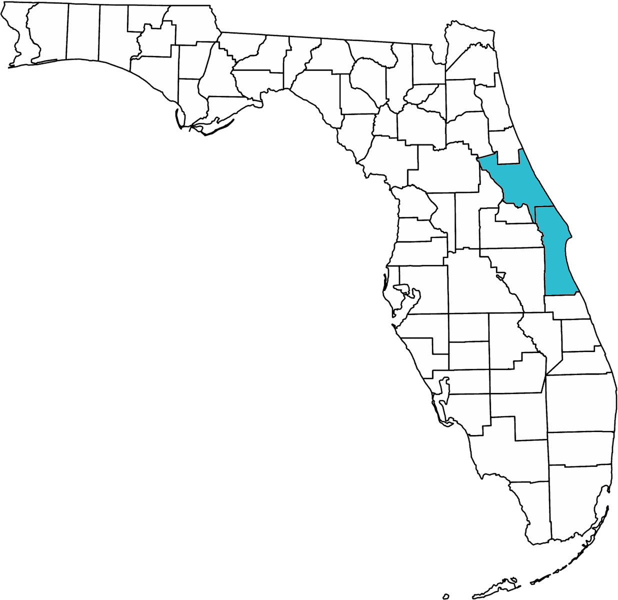Map of Florida with Brevard and Volusia counties highlighted in teal.