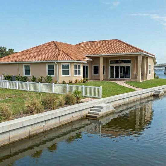 Single-story tan house with red tile roof beside a canal, with a white fence and dock steps