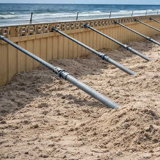 Beach erosion control barriers with angled metal supports on a sandy shoreline by the sea
