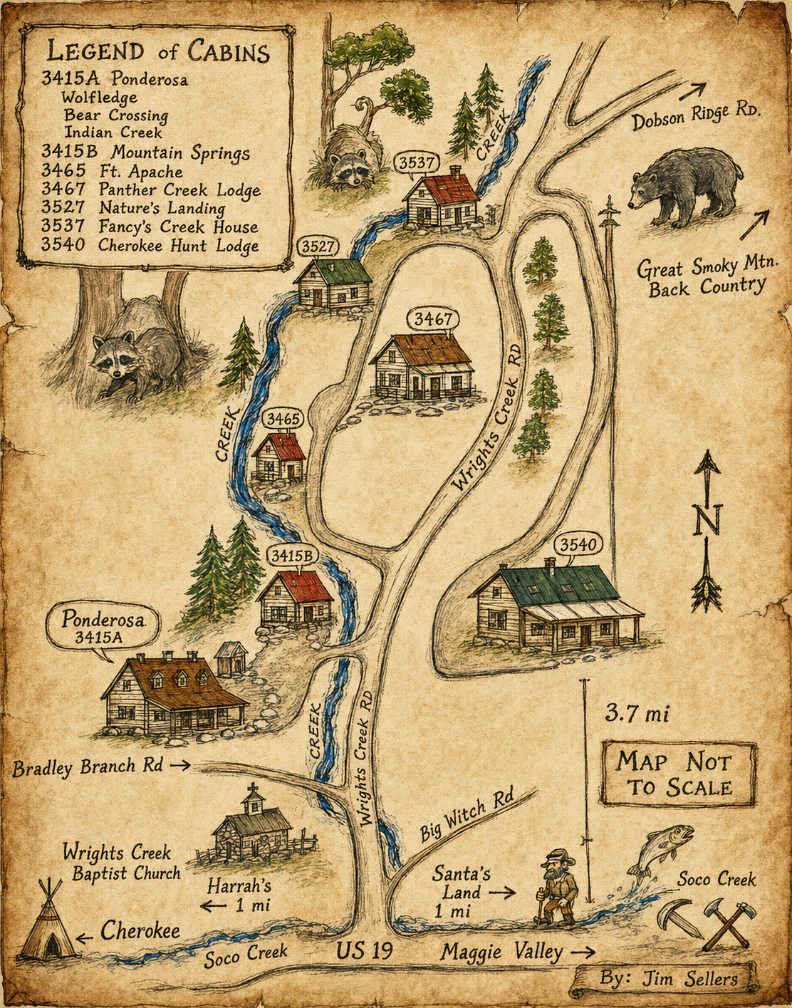 Hand-drawn map of a town with roads, river, landmarks, and labeled points of interest.
