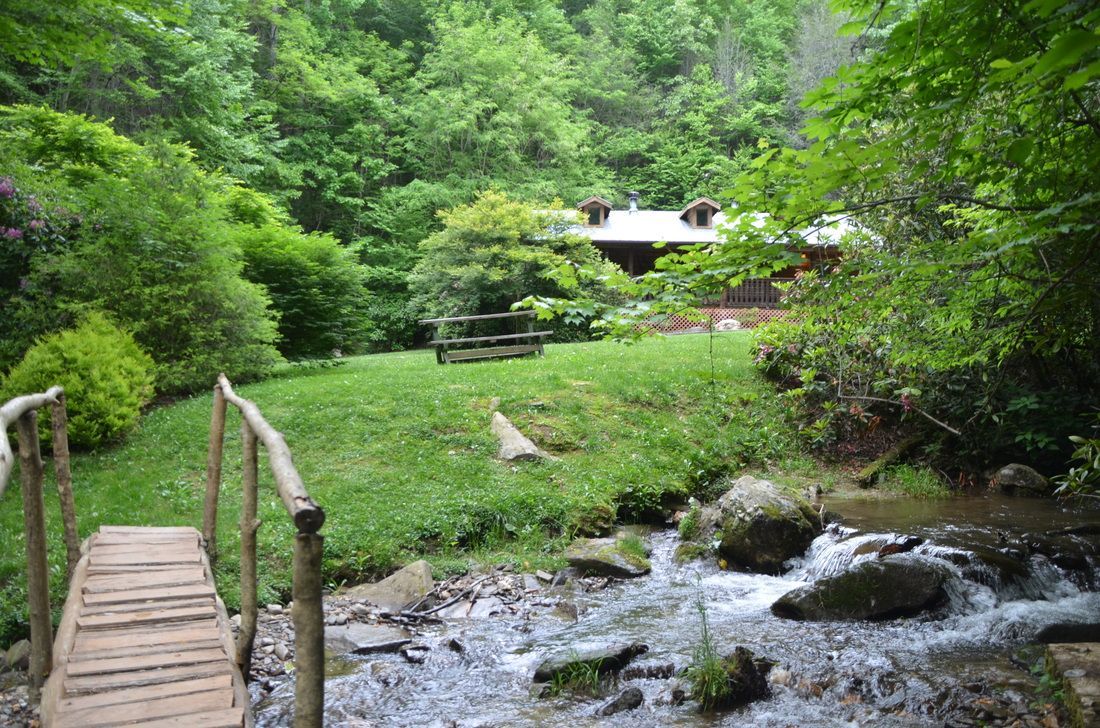Wooden footbridge over a rocky stream in a lush green forest garden