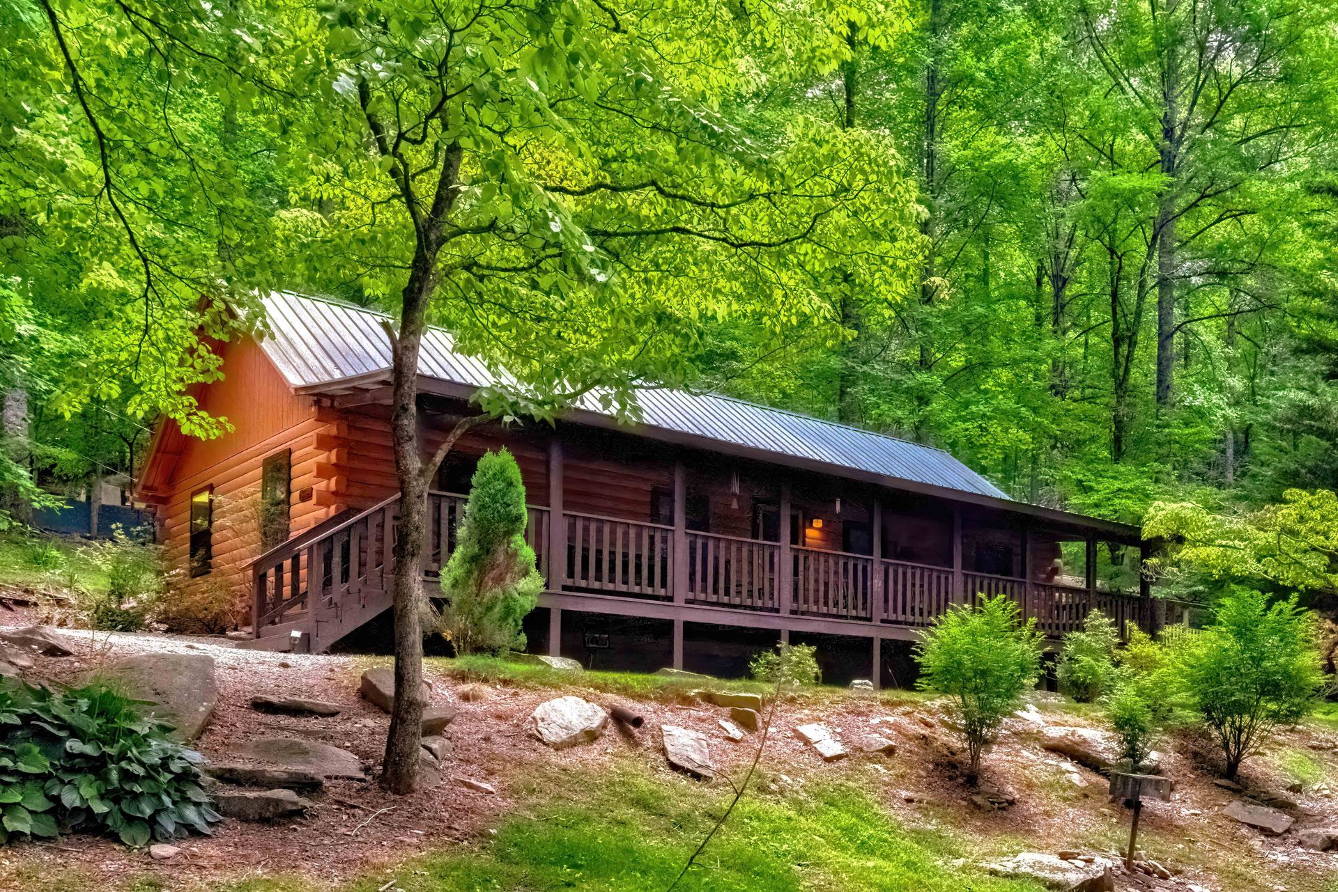 Rustic cabin with a dark porch nestled among lush green trees on a wooded hillside
