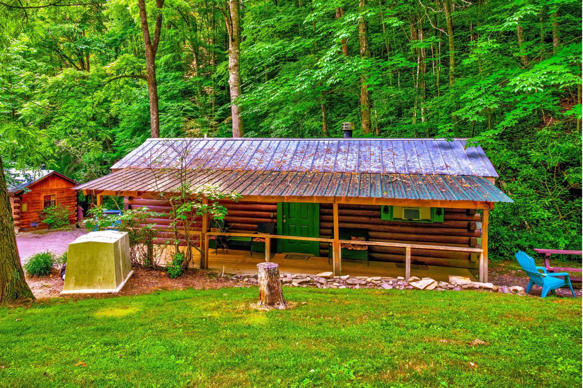 Rustic cabin with a tin roof in a green forest clearing, beside a lawn and small outdoor items