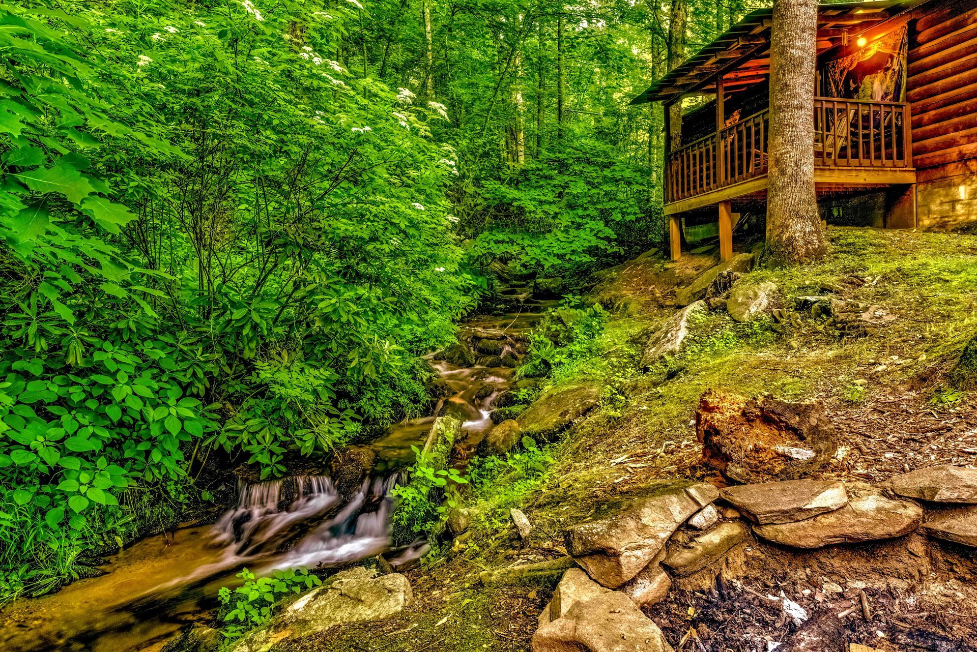 Wooden cabin beside a small waterfall in a lush green forest hillside