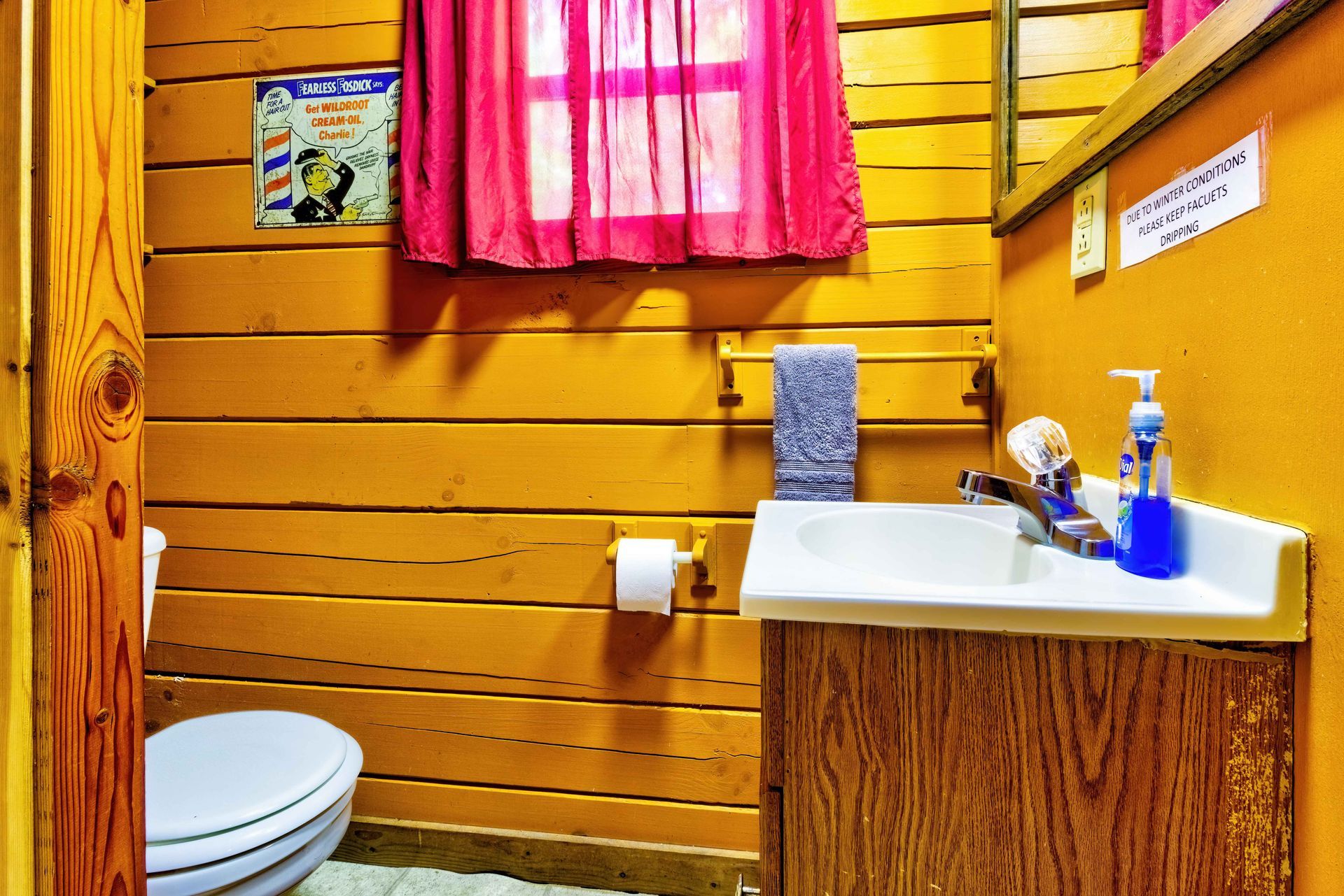 Small rustic bathroom with wood walls, sink, toilet, pink curtain, and blue soap dispenser.