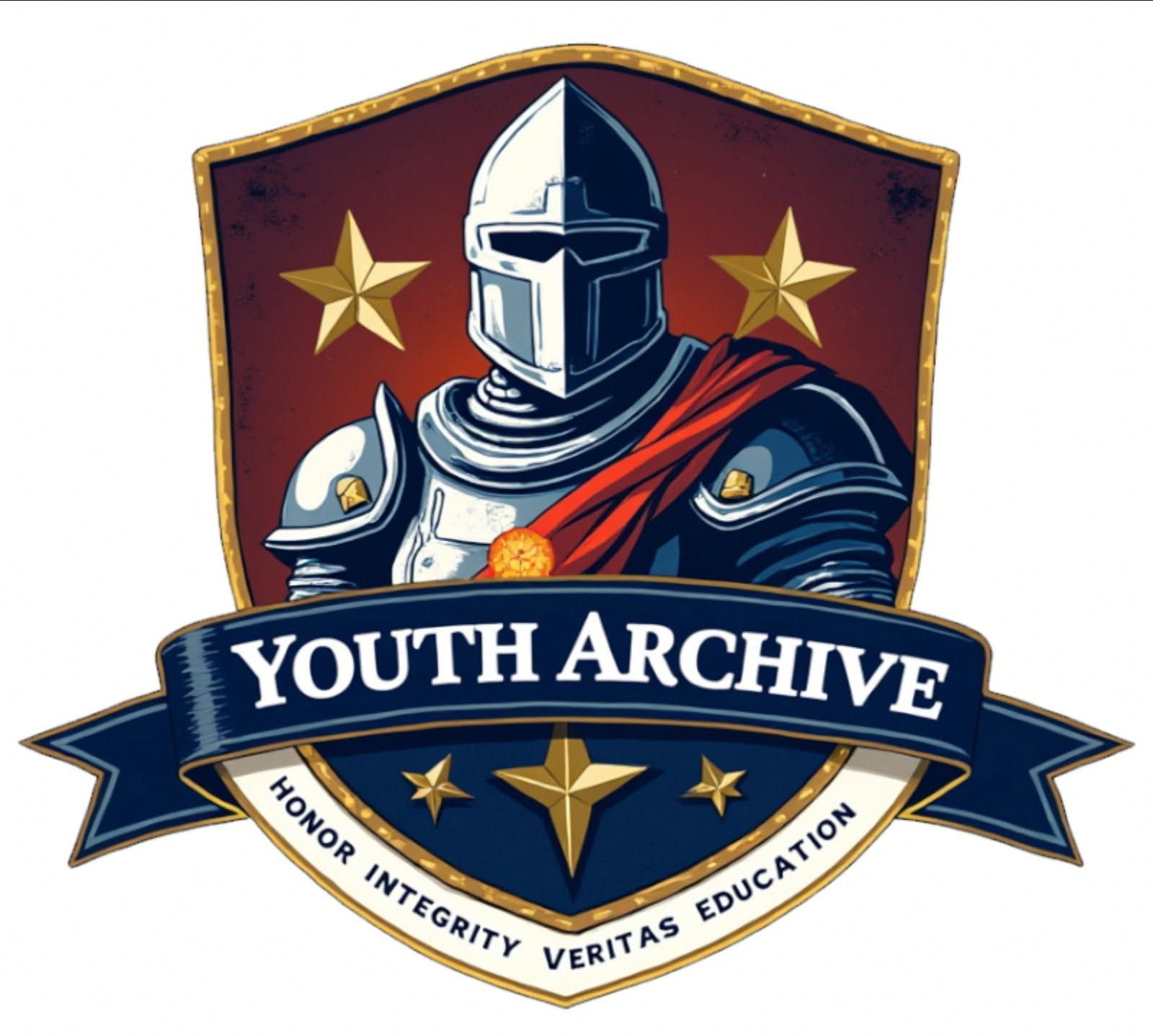 Youth Archive logo with armored knight, gold stars, and motto &ldquo;Honor Integrity Veritas Education&rdquo;