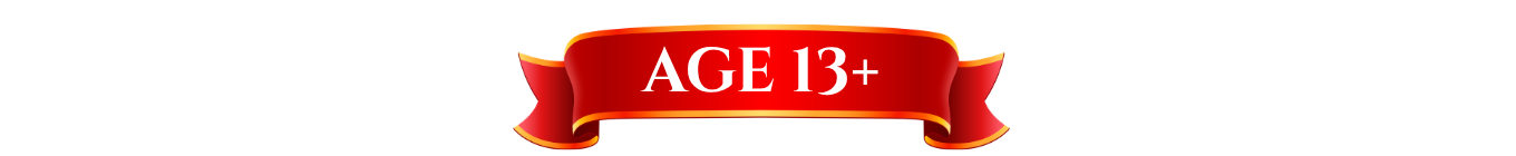 Red ribbon banner with white text reading “AGE 13+”