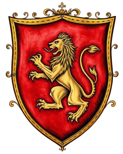 Golden lion rampant on a red heraldic shield with ornate gold trim