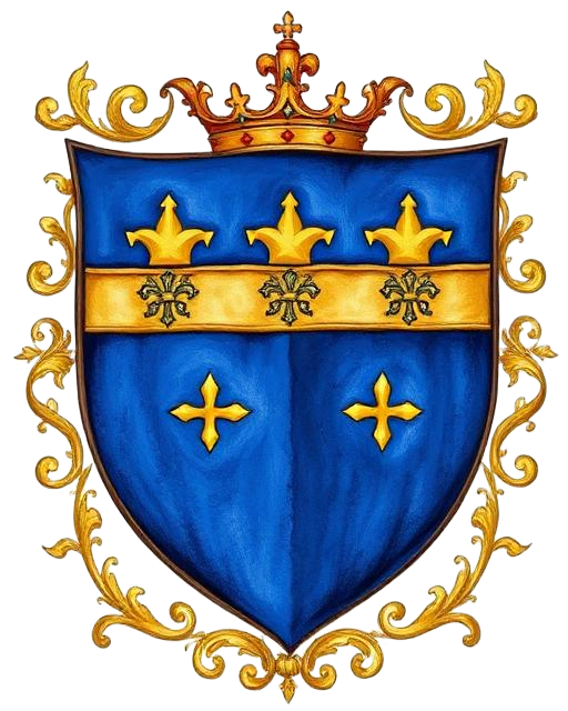 Blue heraldic shield with gold crown, decorative border, and gold crosses on a horizontal band