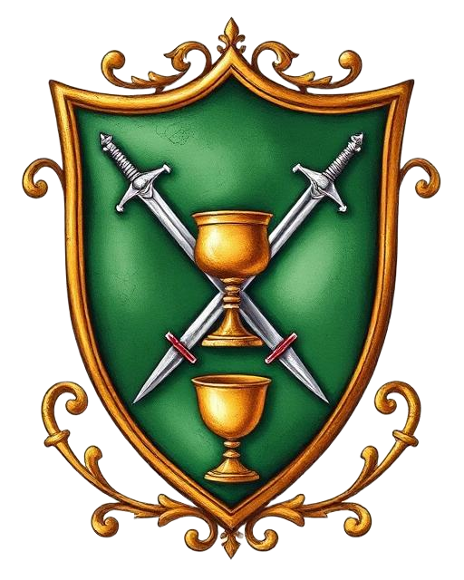 Green heraldic shield with crossed silver swords and gold chalices, framed by ornate gold trim.