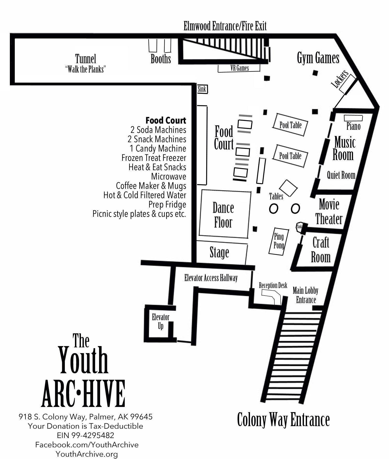Floor plan of The Youth Archive, showing room labels, stairs, and Columbia Way entrance.