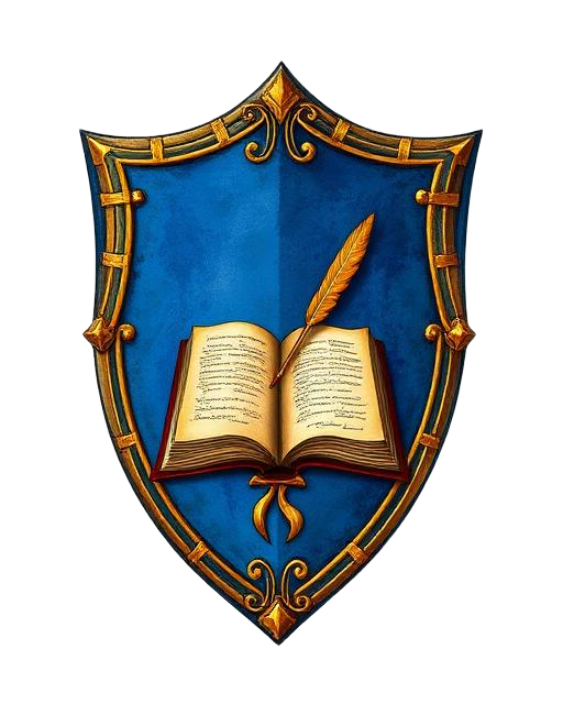Blue shield crest with gold border, open book, and quill pen