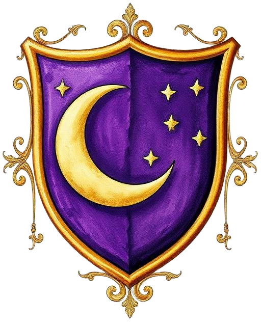 Purple shield crest with gold crescent moon and stars, trimmed in ornate gold.