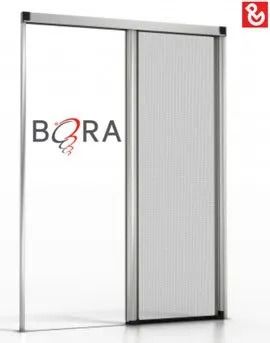 Porta scorrevole moderna con pannello bianco e vetro satinato, con logo BORA.