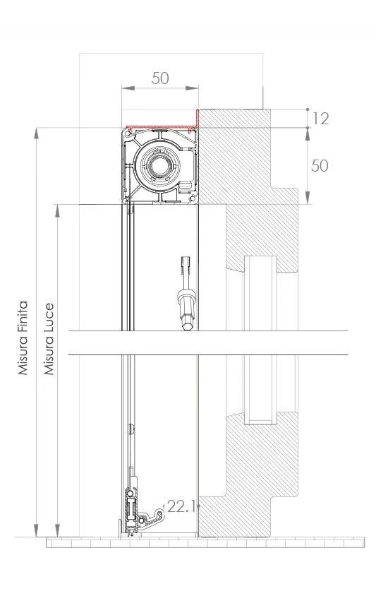 Disegno tecnico di sezione architettonica con linee di quotatura e misure.