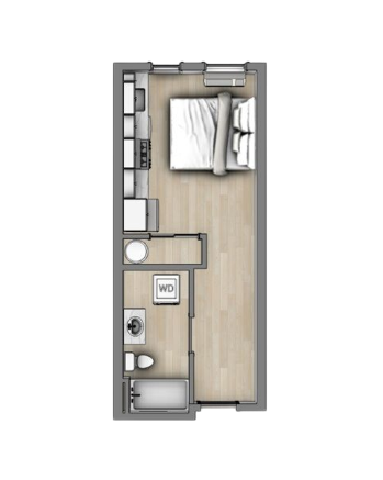 Studio apartment floor plan with bed, kitchenette, bathroom, and balcony layout