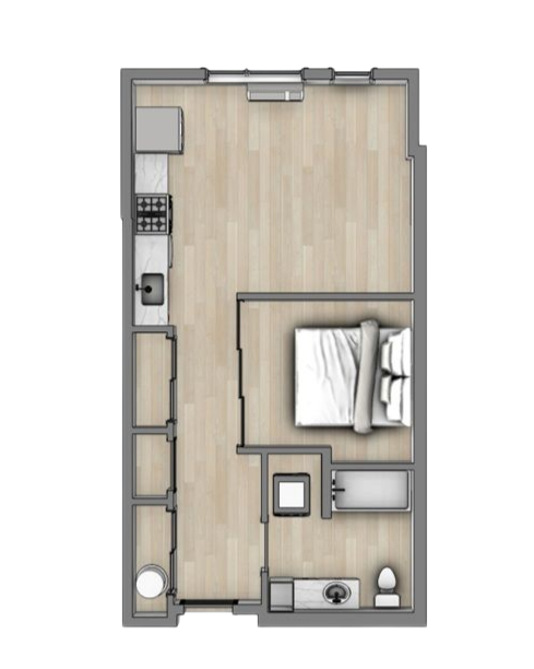 Floor plan of a small studio apartment labeled B1, showing kitchen, bath, and bed layout.