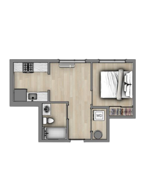Floor plan of a compact apartment, labeled C1, with one bedroom and open living area.
